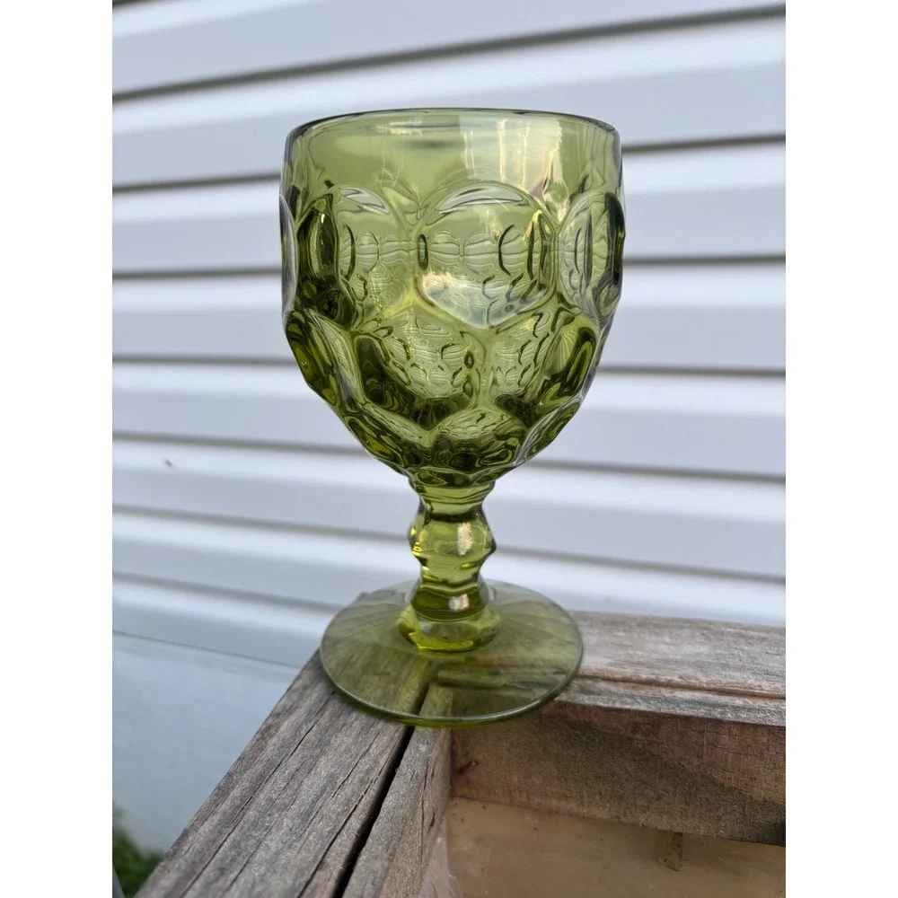 Imperial Glass Provincial Green Thumbprint Honeycomb Water Goblet 6 inch Vintage
